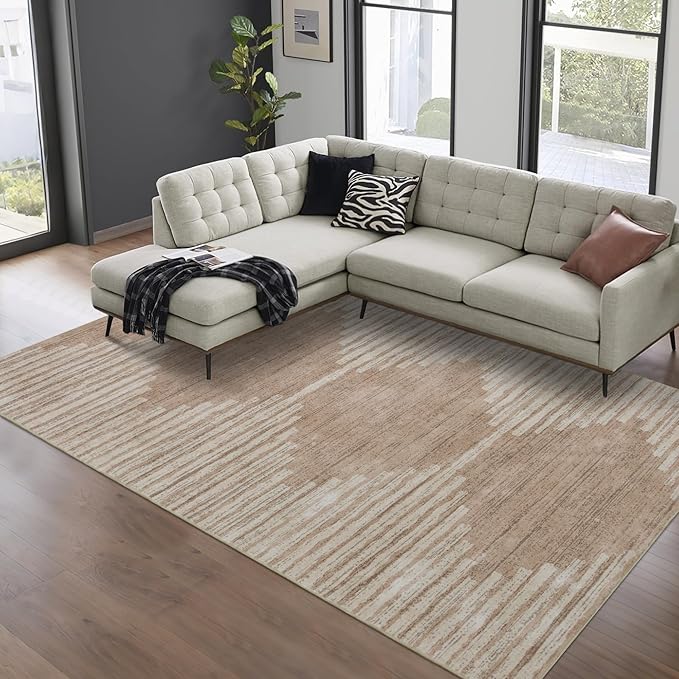 HelloTree Area Rug for Living Room 8x10 Washable Geometric Rug Stripe Farmhouse Bohemian Minimalistic Non Slip Non Shedding Ultra Thin Soft Rug for Bedroom Office DiningRoom Nursery-Pink&Khaki