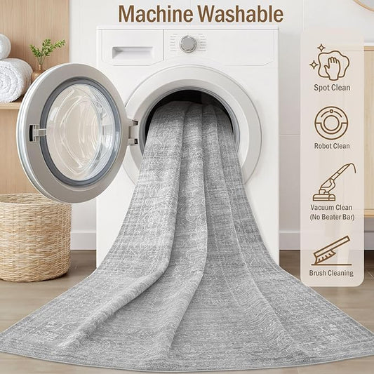 10x12 Area Rug Living Room: Washable Large Vintage Grey Rug Neutral Non-Slip Soft Stain Resistant Indoor Carpet for Bedroom Nursery Dining Room Under Table Bed Home House Office Playroom