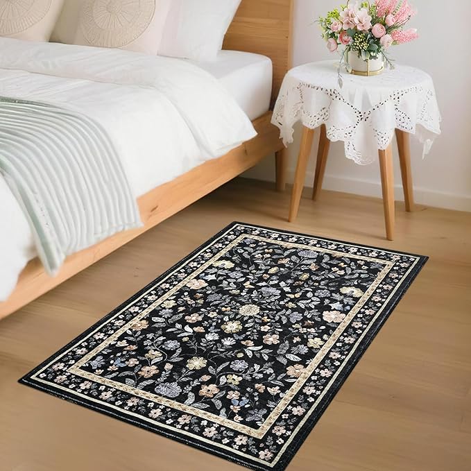 GarveeHome 2x3 Floral Rugs for Entryway, Non-Slip Soft Vintage Throw Door Mat, Low Pile Foldable Farmhouse Carpet, Non-Shedding Indoor Washable Small Rug for Bedroom Kitchen, Black