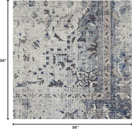 RUGGABLE Washable Vintage Area Rug – Sarrah Blue Quartz 8 ft Round, Stain-Resistant, Non-Slip – Large Machine Washable Rugs for Living Room, Bedroom, Hallway, Entryway & Office–with Cushioned Pad
