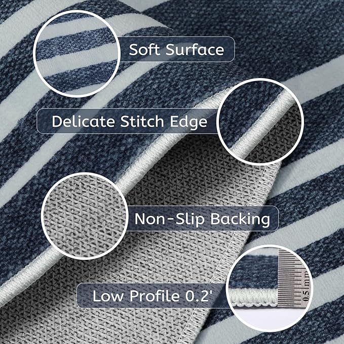 Beeiva Striped Blue Runners for Hallways, 2.5x8 Washable Bathroom Runner with Rubber Backed, Non Slip Soft Low Pile Indoor Floor Carpet for Kitchen Bedroom Porch High Traffic Areas