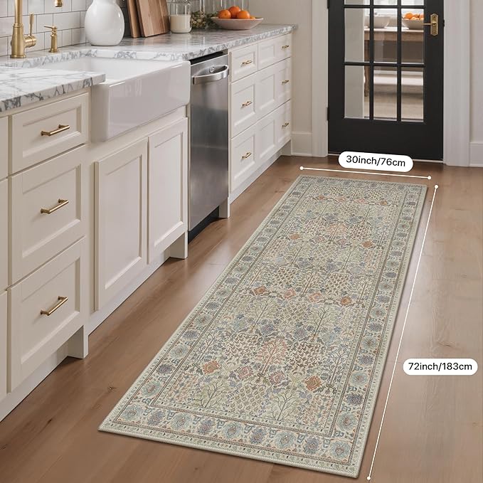 Bavni 2'6''x6 Rug Runners for Hallways, Washable Runner Rug Non Slip, Vintage Floral Print Style Rugs for Bedroom-Lightweight Low Pile Carpet for Hallways Bathroom, Earth Yellow