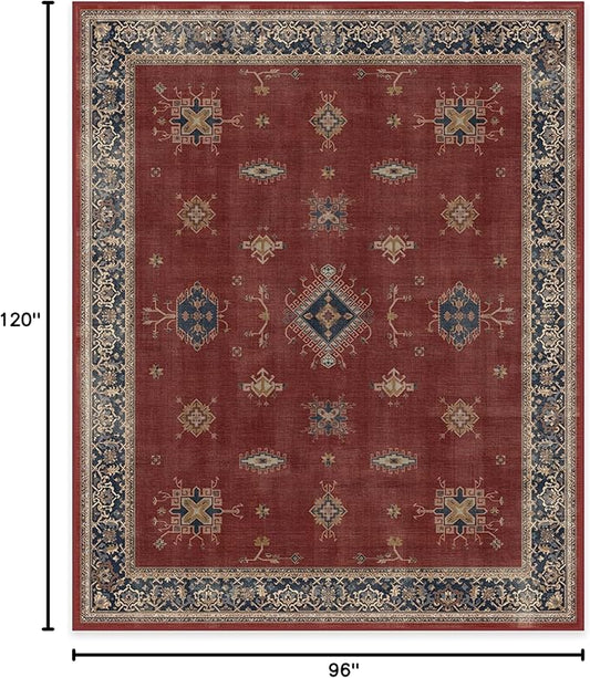 RUGGABLE Washable Vintage Area Rug – Verena Amber Red 8x10, Stain-Resistant, Non-Slip – Large Machine Washable Rugs for Living Room, Bedroom, Hallway, Entryway & Office–with Cushioned Pad