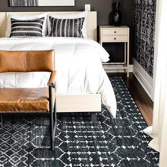 Lahome Moroccan Black 9x12 Rug for Living Room, Washable Non-Slip Ultra-Thin Stain Resistant Area Rug for Dining Room Table, Geometric Print Modren Indoor Carpet for Bedroom Office