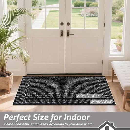BEQHAUSE Dirt Trapper Door Mat 20" x 48", Non-Slip Washable Doormats Entrance Mat, Dirt Resistant and Absorbent Welcome Mat, Low Profile Floor Mats for Front Back Door and Entryway, Black