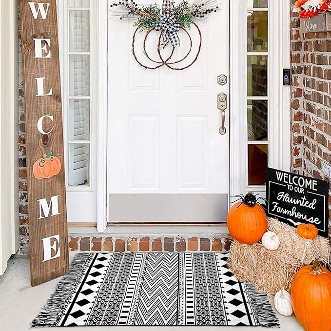 IOHOUZE Small Farmhouse Entryway Rug-2'x3' Boho Woven Kitchen Rug Indoor for Bedroom/Bathroom/Laundry Room, Outdoor Halloween Door Mats for Halloween Decor/Fall Porch Decor/Farmhouse Decor