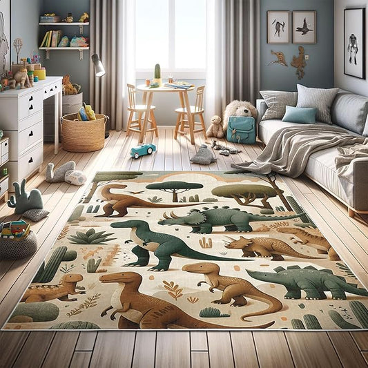Ambesonne Dinosaur Decorative Rug, Jurassic Scenario Cartoon Animals in Wilderness Cloudy Sunrise Back, Quality Carpet for Bedroom Dorm and Living Room, 2' 2" x 3' 7", Ginger Olive Green Salmon