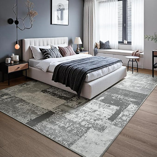 LOCHAS Rug for Living Room, Washable Soft Area Rugs for Bedroom 8x10, Abstract Carpet for Indoor Office Kids Dining Room Nursery Floor, Grey Geometric Vintage Home Decor, Non Slip, Pet Child Friendly
