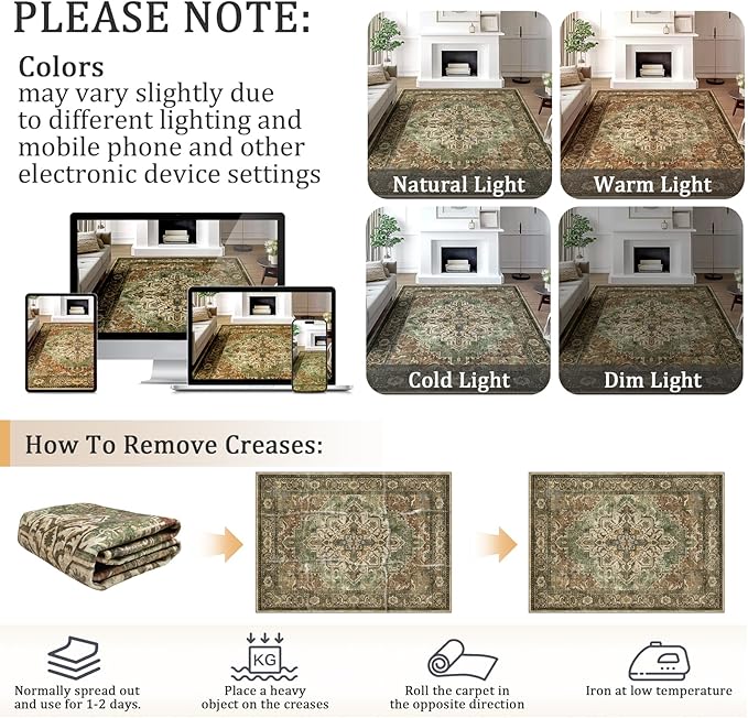 5x7 Machine Washable Area Rug for Living Room, Brown Green Boho Vintage Floral Rug Large Non-Slip Low Pile Soft Faux Wool Carpet, Kids and Pets Friendly for Bedroom Dining Room Farmhouse Decor Rug