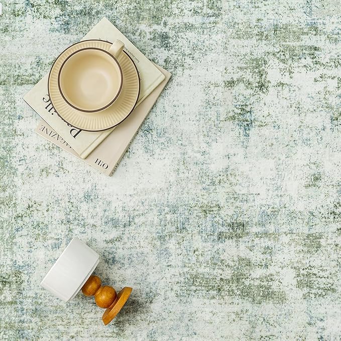 12x15 Washable Area Rug Sage Green Abstract Living Room Bedroom Carpet Neutral Modern Non-Slip Soft Low Pile Lightweight Vacuumable Large Throw Rug for Dining Room