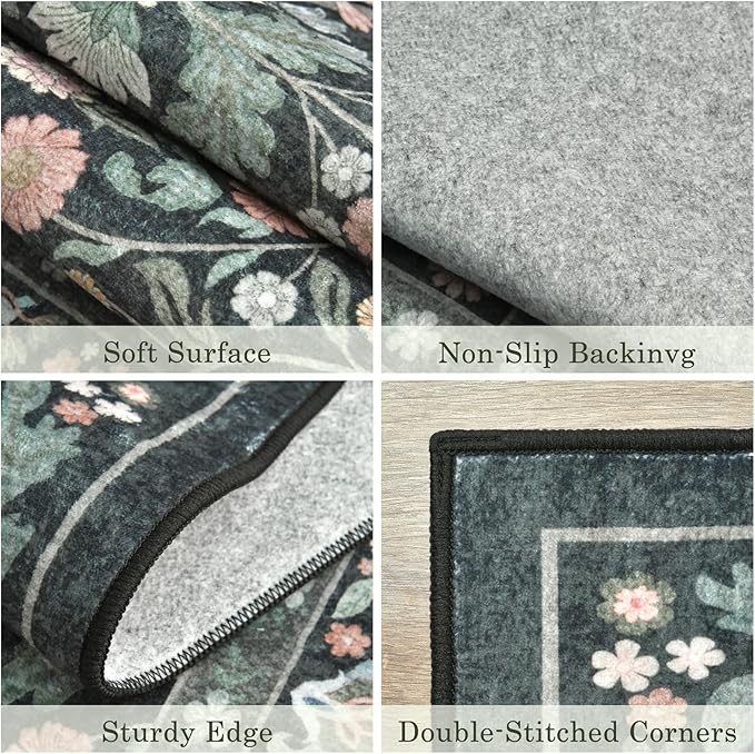 Dark Green Floral 5x7 Area Rugs for Living Room Large Washable Rug Vintage Forest Low Pile Non Slip Stain Resistance Soft Carpet for Dining Room, Bedroom, Office Rug, Kids Room, Nursery Room, Playroom