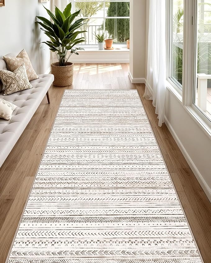 LUMI Washable Runner Rug, 3'x8' Non-Slip Hallway Mat, Low Profile Thin Long Carpeet for Laundry Kitchen Bedroom Office, White and Brown