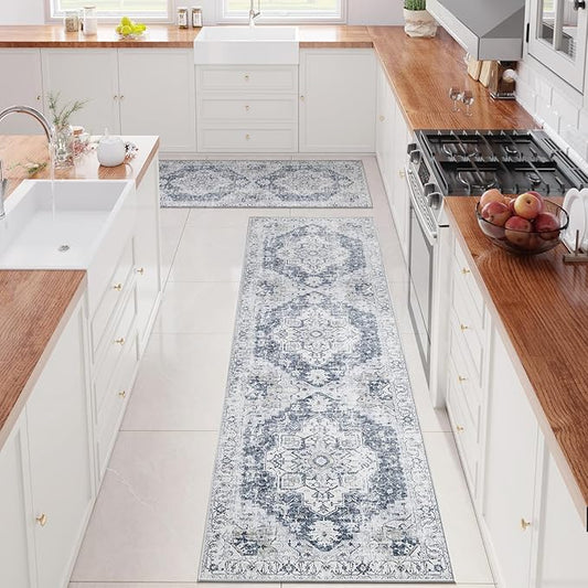 jinchan Kelda Runner Rug 2x5-2pcs Hallway Rug Kitchen Washable Runner Vintage Mat Retro Print Lightweight Non-Slip Floor Cover Distressed Thin Carpet for Entryway Bathroom Bedroom Laundry Room Grey