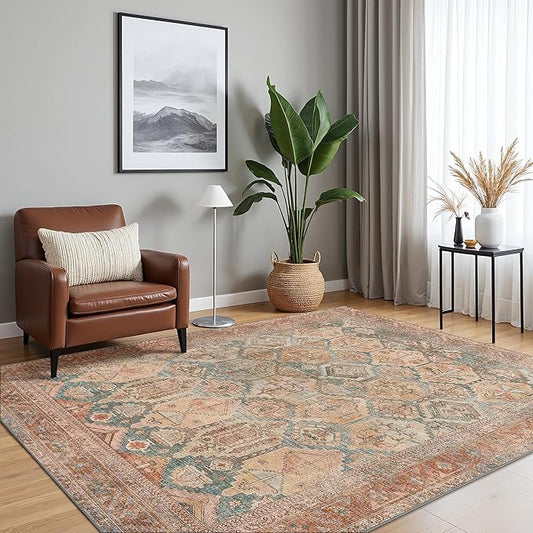 Bavni Washable Rug 8x10 Area Rug for Living Room Bedroom Dining, Washable Vintage Print Carpet, Ultra-Thin Chenille Low Pile Lightweight Rug with Non Slip Backing, Clay