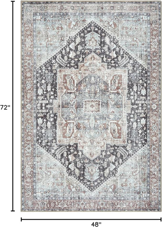 Bloom Rugs Washable Non-Slip 4' x 6' Rug - Charcoal/Brown Traditional Medallion Area Rug for Living Room, Bedroom, Dining Room, and Kitchen - Exact Size: 4' x 6'
