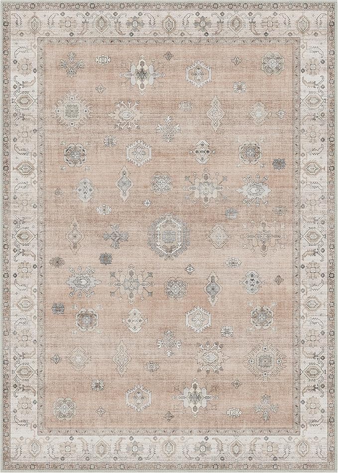 GENIMO 5x7 Area Rugs for Living Room, Machine Washable Non Slip Vintage Retro Rugs, Low Pile Lightweight Chenille Print Rug for Bedroom, Dining Room, Home Office, Salmon