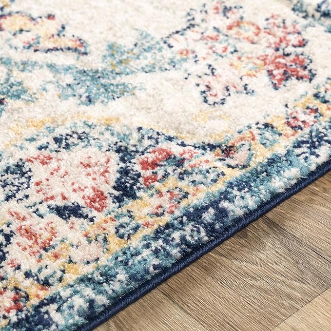 Livabliss Area Rugs - 8x8 Odelia Vintage Boho Aqua Burgandy Blue Square Area Rug for Living Room Bedroom - Floral Medallion Stain Resistant Carpet for Kitchen, Nursery, Office (7'10" Square)