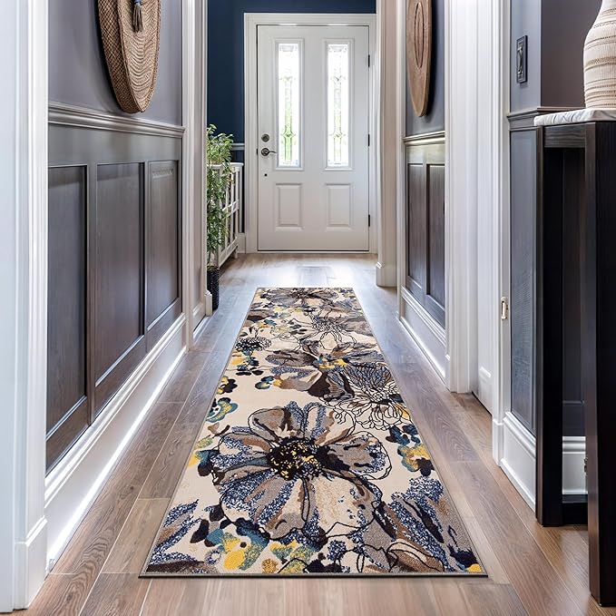 Rugshop Cream Bright Flowers Non Slip Non-Shedding Runner Rug for Hallway, Kitchen and Entryway, 2'7" x 6'