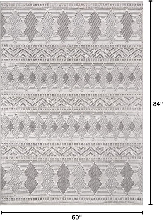 CAMILSON Micro Loop Rug 5x7 Modern Luxury Geometric Boho Diamond Area Rugs Soft High and Low Pile Stain Resistant Easy-Cleaning Non-Shedding for Living Room Office Indoor Carpet (5 x 7 / White - Gray)