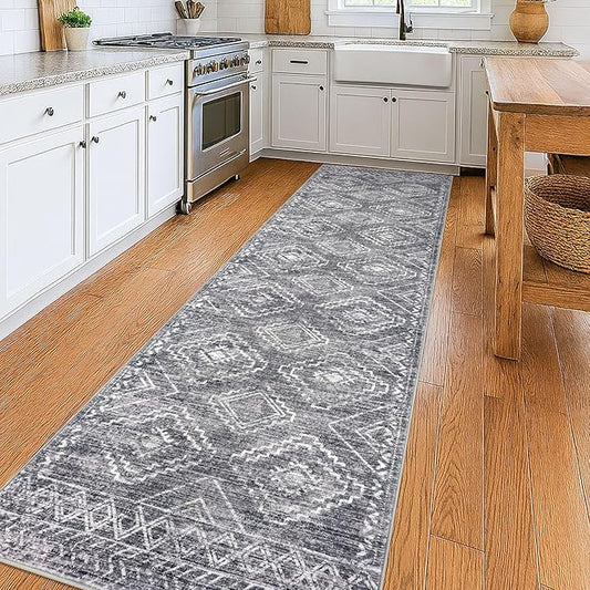 KILOCOCO Hallway Runner Rug 3'x10' Runners for Hallways Washable Runner Rug Non Slip Rubber Backed Low-Pile Runners for Bedroom Kitchen Living Room Laundry Room Boho Rugs, Grey