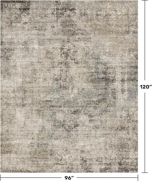 Farmhouse Brown Rugs for Living Room 8x10 - Taupe Rustic Minimalist Area Rug for Dining Room, Large Bedroom, Washable Foldable Dark Academy Décor