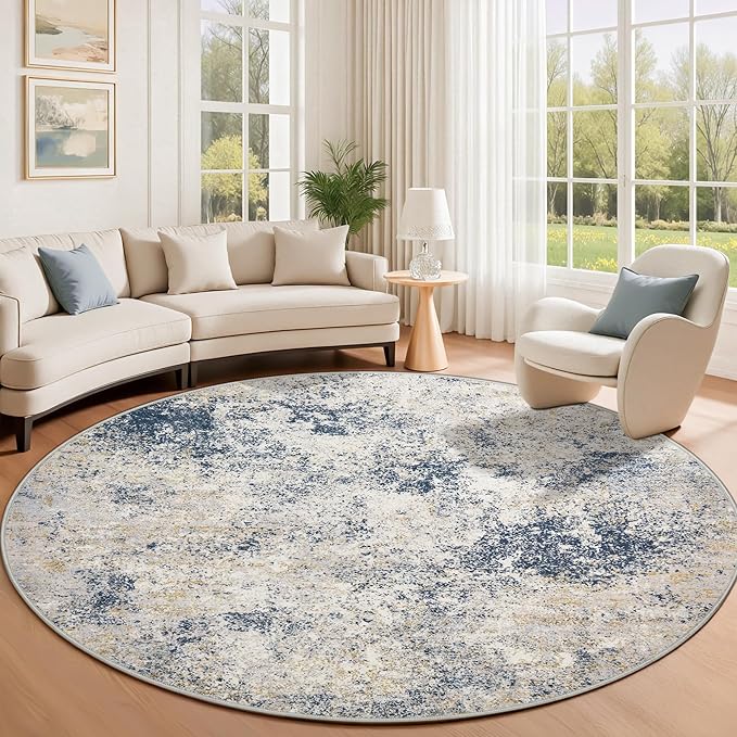 6ft Washable Round Rug - 6x6 Area Rugs Modern Abstract Rugs for Living Room Non-Slip Low Pile Soft Machine Washable Carpet for Bedroom, Living Room, Dining Room, Nursery, Farmhouse (6'x6' Beige Blue)