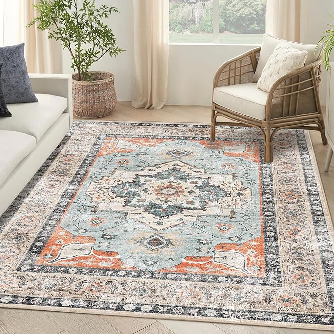 VK VK·LIVING Machine Washable Rug 6'x9' Vintage Design Washable Area Rugs with Non Slip Rugs for Living Room Bedroom Traditional Woven Carpet Stain Resistant, Dining Office Boho Rug (Brick)