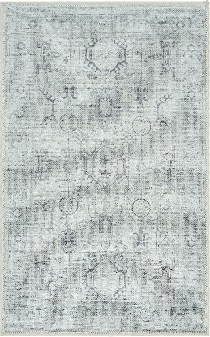 GLN Rugs Traditional Collection - Machine Washable Area Rug, Traditional Washable, Non Slip, Low Pile Chenille Rug, Living Room, Bedroom, Kitchen Rug (2' x 3' Cream/Gray/Sea Salt)