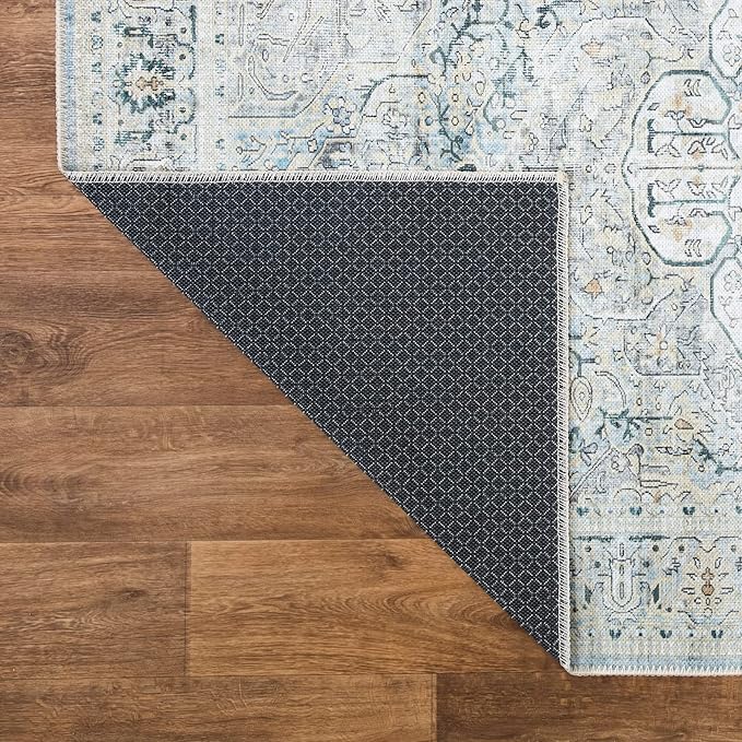 Bloom Rugs Washable Non-Slip 10 ft Runner - Cream/Light Blue/Teal Traditional Medallion Runner for Entryway, Hallway, Bathroom, and Kitchen - Exact Size: 2.5' x 10'
