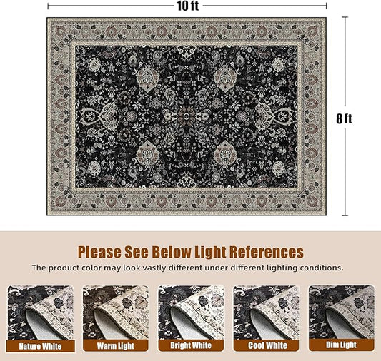 Blcak 8x10 Vintage Rugs for Living Room, Washable Rugs Non Slip Large Area Rug for Bedroom Dining Room Office, Floor Decoration Big Rug Carpet Low-Pile Kid & Pet Friendly(Blcak Navy Multi