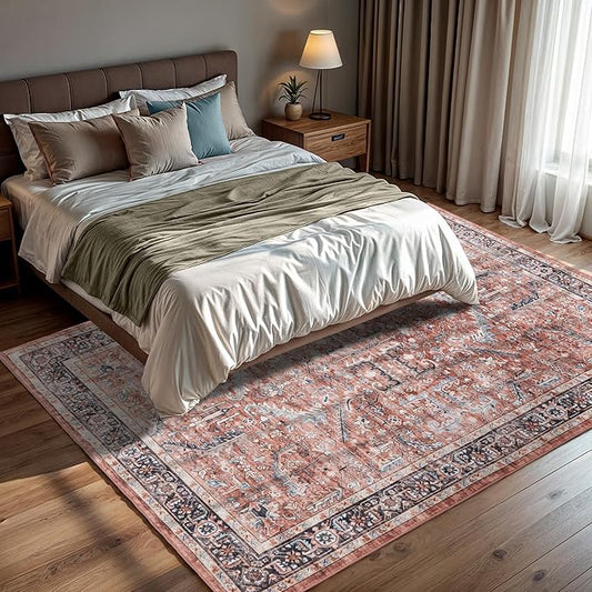 GLN Rugs Traditional Collection - Machine Washable Area Rug, Traditional Washable, Non Slip, Low Pile Chenille Rug, Living Room, Bedroom, Kitchen Rug (5' x 7' Terra/Multicolor 1168)