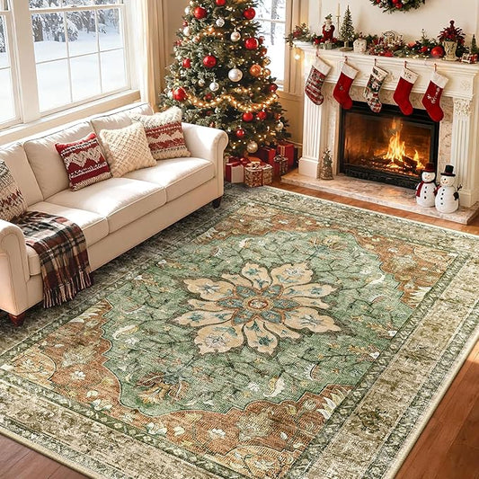 Area Rugs 5'x7' Washable Non-Slip, Floral Vintage Distress Print Pattern Medallion Carpet for Living Room Bedroom Dining Room, Brick Red Rust Neutral Brown Burnt Orange Green