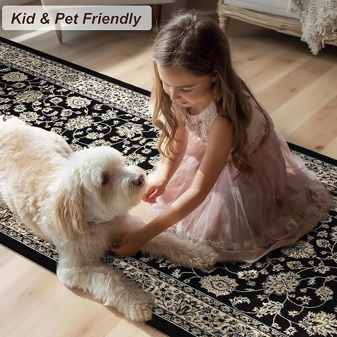 XWZO Runner Rug 2x6ft, Washable Hallway Runner with Non-Slip Backing, Spill Stain Resistant Floor Mat for Entryway Corridor Bedroom Kitchen Farmhouse, Soft Low-Pile Area Carpet, Black