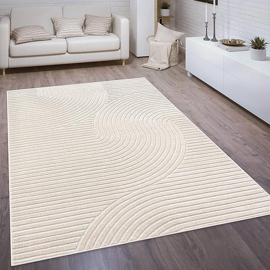 Paco Home Modern Area Rug with Raised Curved Line Pattern – Minimalist Design in Cream, Size: 5'3" x 7'7"