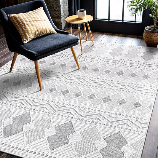 CAMILSON Micro Loop Rug 4x6 Modern Luxury Geometric Boho Diamond Area Rugs Soft High and Low Pile Stain Resistant Easy-Cleaning Non-Shedding for Living Room Office Indoor Carpet (4 x 6 / White - Gray)