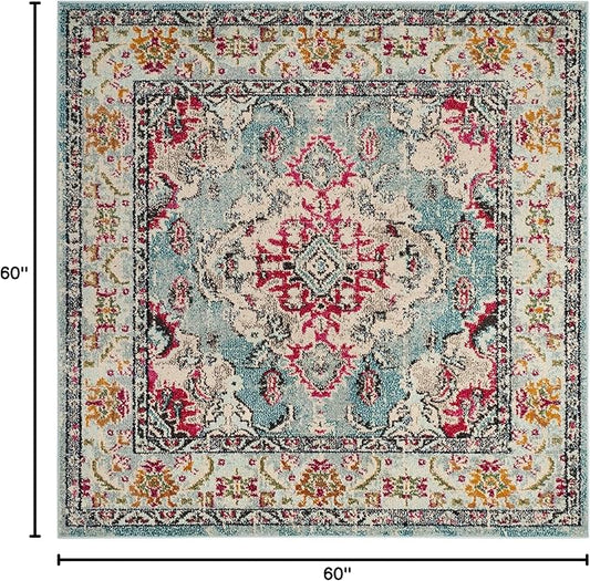 SAFAVIEH Monaco Collection Area Rug - 5' Square, Light Blue & Fuchsia, Boho Chic Medallion Distressed Design, Non-Shedding & Easy Care, Ideal for High Traffic Areas in Living Room, Bedroom (MNC243J)