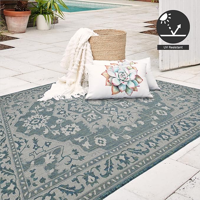 FH Home Flat Woven Outdoor Rug - Waterproof, Easy to Clean, Stain Resistant - Premium Polypropylene Yarn - Vintage - Large Patio, Deck, Sunroom - Shiraz - Ocean - 7ft 10 in x 10ft 9in