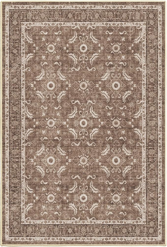 WITSHOCK Washable 2x3 Entryway Area Rug: Soft Non-Slip Backing Washable Rugs Vintage Flower Boho Accent Small Rugs for Bedroom, Kitchen, Bathroom, Nursery Entrance,Dark Brown