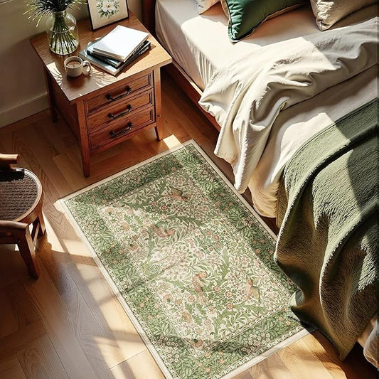 2x3 Floral Washable Area Rug for Entryway, Vintage Boho Rugs for Living Room Bedroom Dining Room, Botanical Birds Non Slip Low Pile Forest Animal Throw Carpet for Farmhouse Office, Retro Pink/Green