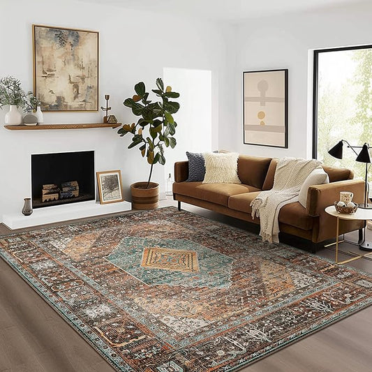 Bavni Washable Rug 3x5 Area Rug for Living Room Bedroom Dining, Washable Print Carpet, Low Pile Lightweight Rug with Non Slip Backing, Vintage Brown/Blue
