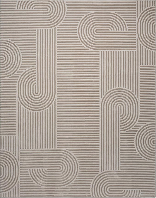 Annabel Modern Geometric Area Rug for Living Room, 8x10 Contemporary Arched Linear Beige Neutral Rug, Stain Resistant Non-Shedding Carpet for Bedroom, Dining Room, Kitchen (8' x 10', Beige)