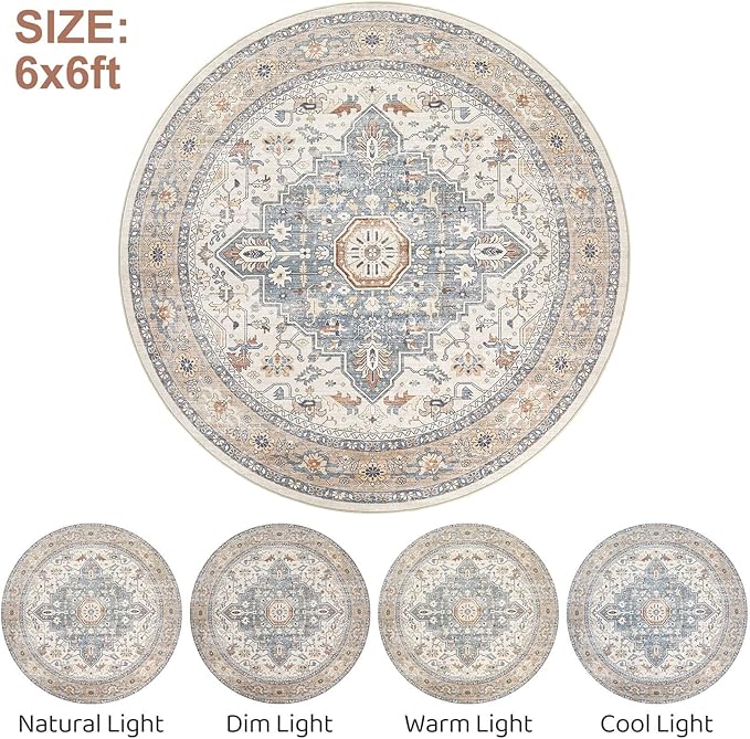 Round Rug Living Room Rugs: 6Ft Washable Boho Neutral Large Circle Soft Indoor Distressed Stain Resistant Floor Farmhouse Carpet for Bedroom Nursery Kids Playroom Office Dining Room Dorm- Beige Blue