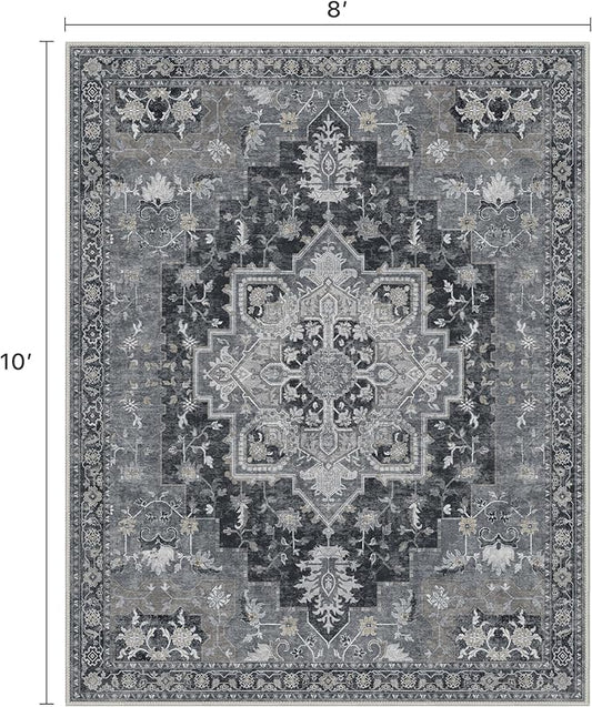 8x10 Area Rugs for Living Room, Machine Washable Non Slip Vintage Rugs, Low Pile Lightweigt Print Indoor Rug for Bedroom, Dining Room, Home Office, Dark Gray