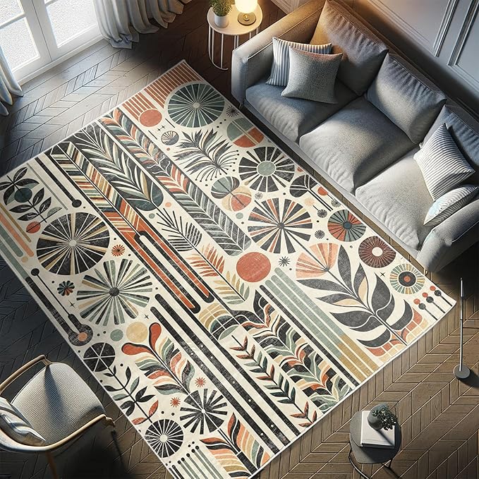 Ambesonne Bohemian Decorative Rug, Retro Mid Century Inspired Abstract Patterns on Ivory Background, Quality Carpet for Bedroom Dorm and Living Room, 2' x 5', Dark Orange and Reseda Green
