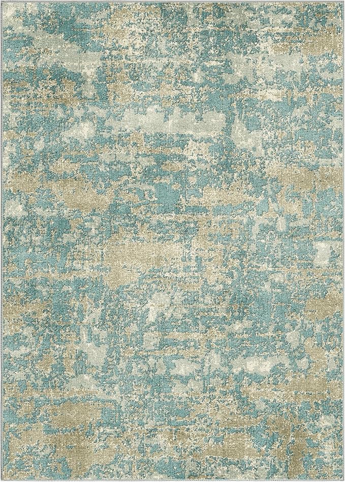 WITSHOCK Living Room Area Rugs 5x7:Modern Abstract Machine Washable Large Rug for Bedroom Dining Room Non-Slip Stain Resistant Home Office Decor,Teal Brown