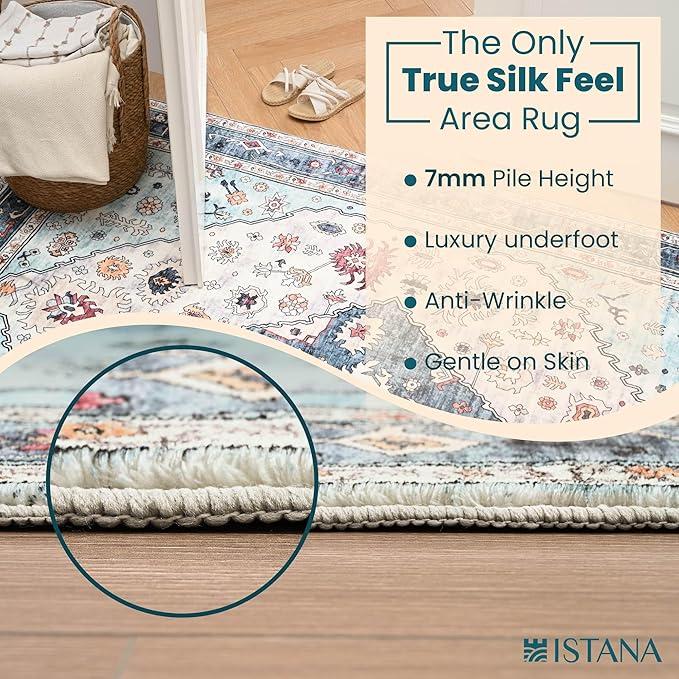 Istana Area Rug 2x4 - White Cream & Blue 2x4 Washable Rug Non Slip - Pet Friendly Living Room Rug - Non Shedding Washable Rugs for Bedroom - Foldable Bathroom Rugs