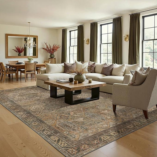 Bavni Washable Rug 10x14 Area Rug for Living Room Bedroom Dining, Washable Vintage Print Carpet, Ultra-Thin Chenille Low Pile Lightweight Rug with Non Slip Backing, Warm Taupe