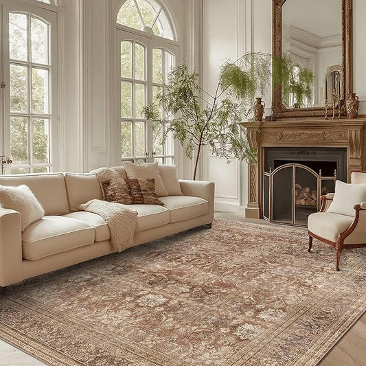 vivorug 5x7 Area Rugs - Ultra-Thin Washable Rug with Non-Slip Backing, Ideal for Living Room, Bedroom, Kitchen Floor Carpet - Vintage, Easy Clean, Durable, Brown