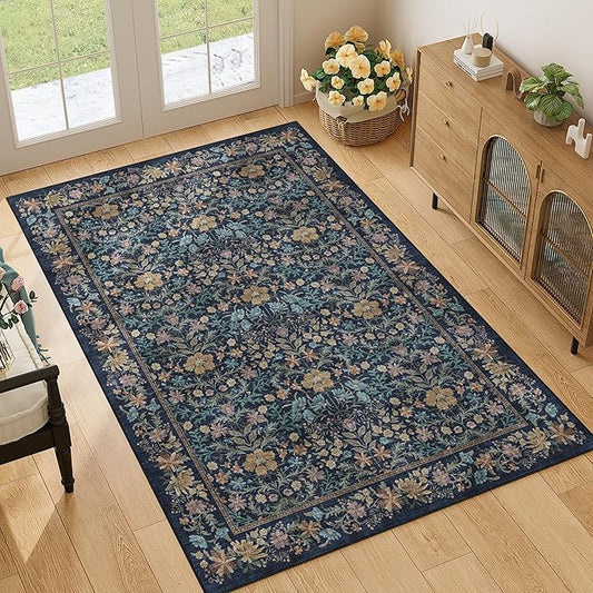 DUKINO 4x6 Rugs for Living Room, Lightweight Non Slip Washable Rug with Low Pile Design, Vintage Floral Non-Shedding Soft Carpet for Living Room, Bedroom, Farmhouse, Office, Bathroom, Dark Blue