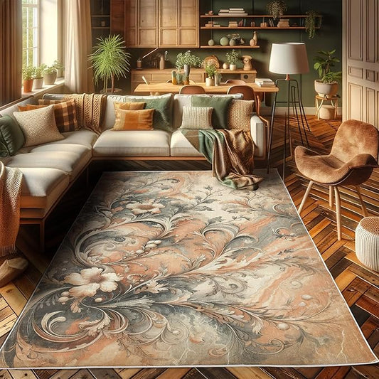 Ambesonne Floral Art Decorative Rug, Abstract Marble Print Look Victorian Curlicue Leaves Boho Flowers, Quality Carpet for Bedroom Dorm and Living Room, 4' X 5' 5", Salmon Blue Grey Eggshell